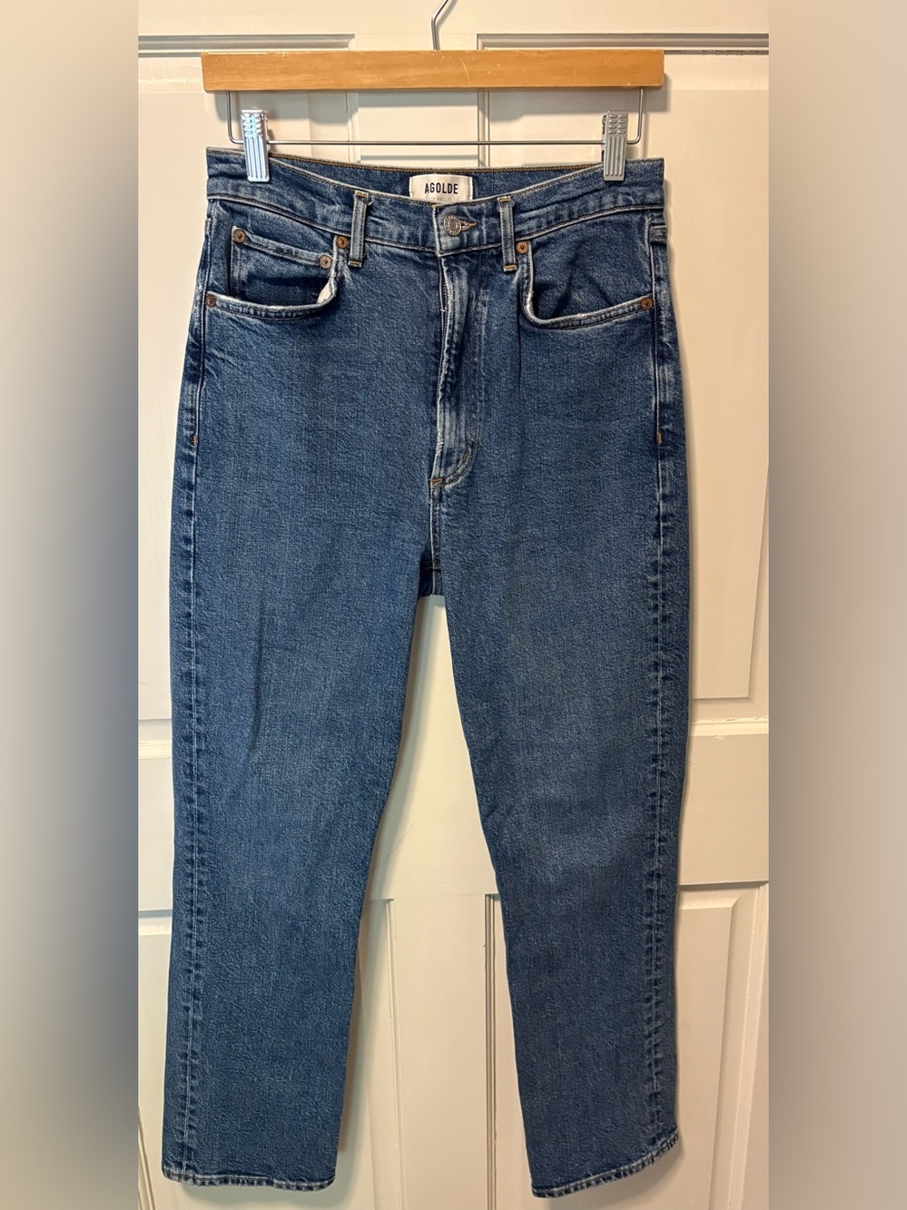 Agolde medium wash high rise stovepipe straight leg denim jeans women’s 27 4